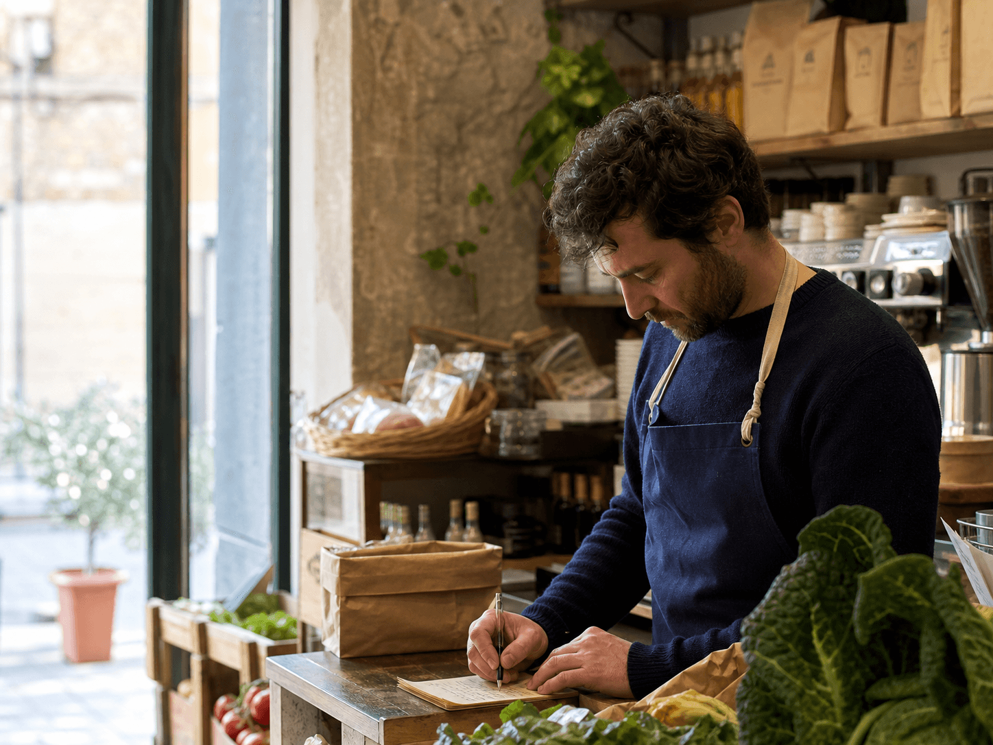 Una persona al lavoro nella propria attività locale