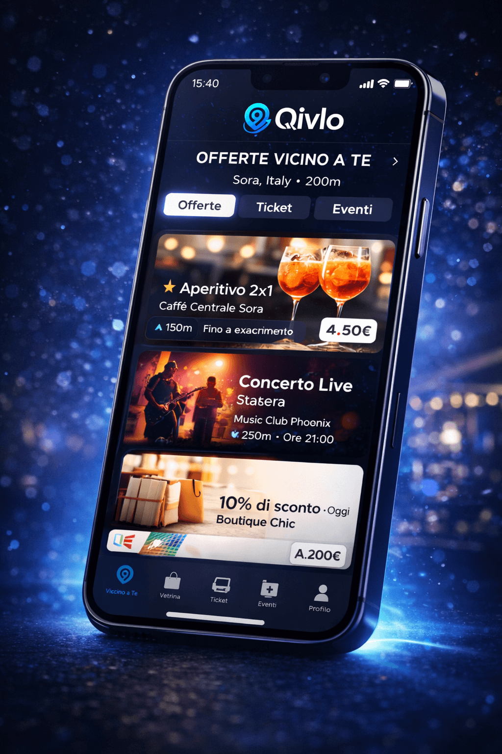 Visual hero Qivlo con smartphone, offerte, ticket ed eventi