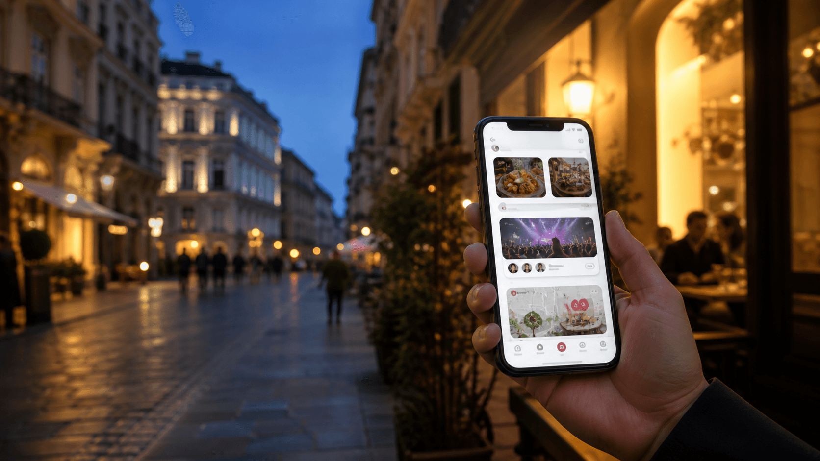 Persona che usa Qivlo per scoprire attività, offerte ed eventi in una via italiana
